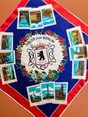 Vintage 1960s Berlin, Germany Blue and Red Souvenir Scarf